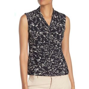 T Tahari Ruched Ditsy Print Sleeveless Top Black